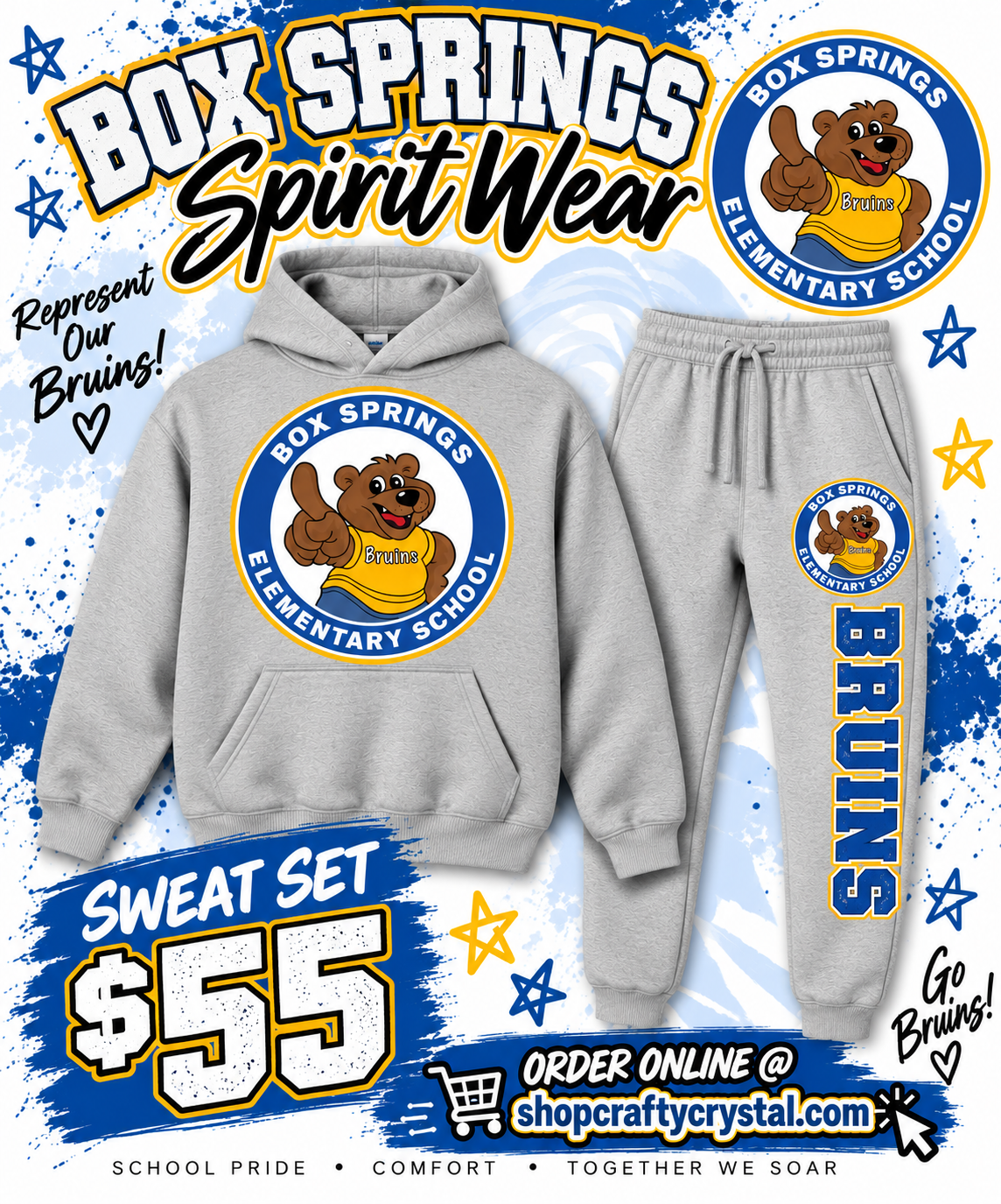 Digital mockup: Box Springs Bruins youth sweatsuit featuring official school logo; finished product may vary